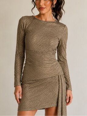 Long-Sleeve Draped Mini Dress in Gold